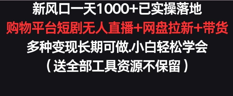 新风口一天1000+已实操落地购物平台短剧无人直播+网盘拉新+带货多种变现长期可做-英祺创业