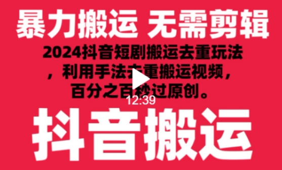 2024最新抖音搬运技术，抖音短剧视频去重，手法搬运，利用工具去重，达到秒过原创的效果-英祺创业