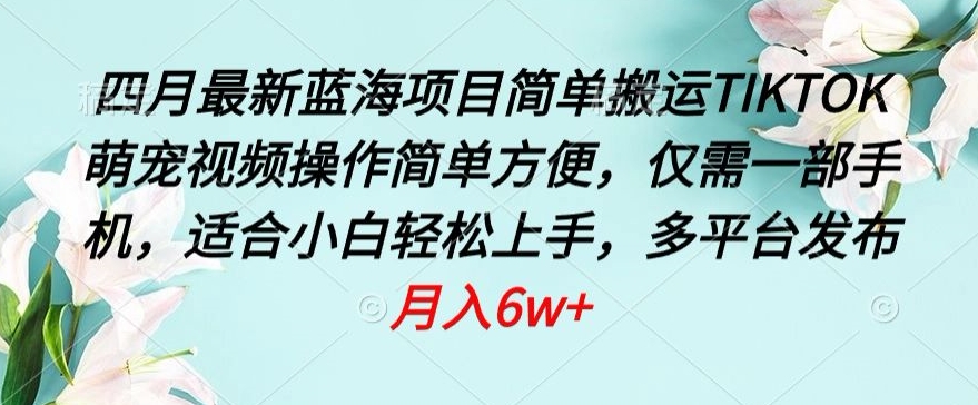 四月最新蓝海项目，简单搬运TIKTOK萌宠视频，操作简单方便，仅需一部手机-英祺创业