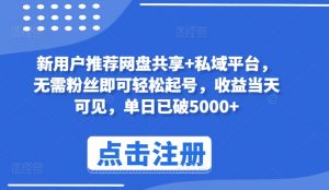 新用户推荐网盘共享+私域平台，无需粉丝即可轻松起号，收益当天可见，单日已破5000+【揭秘】-英祺创业