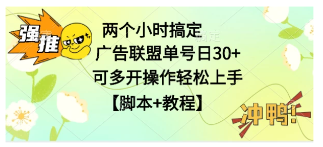 广告联盟掘金，每天2小时稳定收益单号30+可多开，轻松上手，全套详细【脚本+教程】-英祺创业