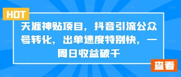 天涯神贴项目，抖音引流公众号转化，出单速度特别快，一周日收益破千-英祺创业