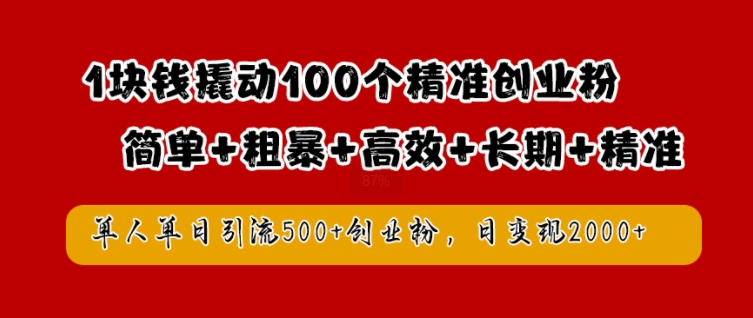 1块钱撬动100个精准创业粉，简单粗暴高效长期精准，单人单日引流500+创业粉，日变现2k【揭秘】-英祺创业