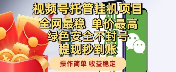 绿色安全不封号提现秒到账，视频号托管挂G项目全网最稳，单价最高，操作简单，收益稳定【揭秘】-英祺创业
